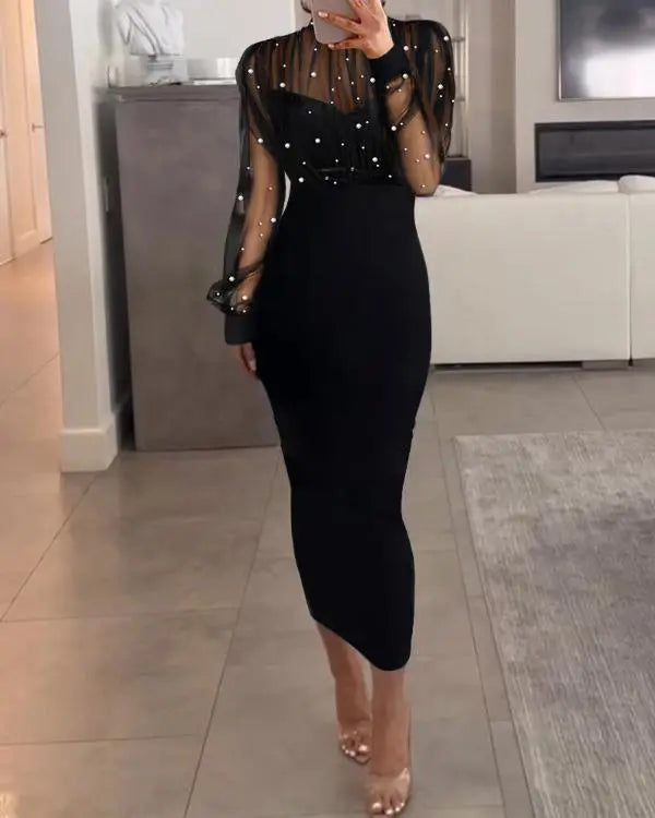 mesh patch dress Plus Size, Round Neck Spliced Mesh Patch Long Sleeve Pleated Maxi Dress  with Back Wrap Tie Waistband, Elegant and Comfortable Plus Size Dress for  Parties and Weddings