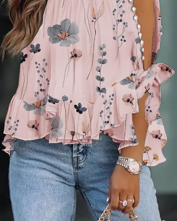 Floral Print Ruffle Hem Split Sleeve Top
