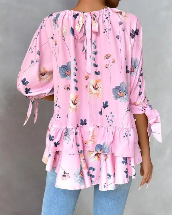 Floral Print Ruffle Hem Split Sleeve Top