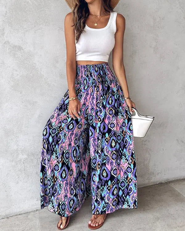 Boho Floral Print Shirred High Waist Wide Leg Pants