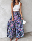 Boho Floral Print Shirred High Waist Wide Leg Pants