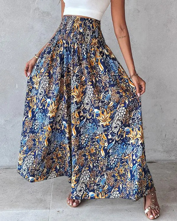 Boho Floral Print Shirred High Waist Wide Leg Pants