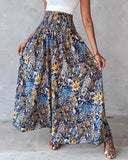 Boho Floral Print Shirred High Waist Wide Leg Pants