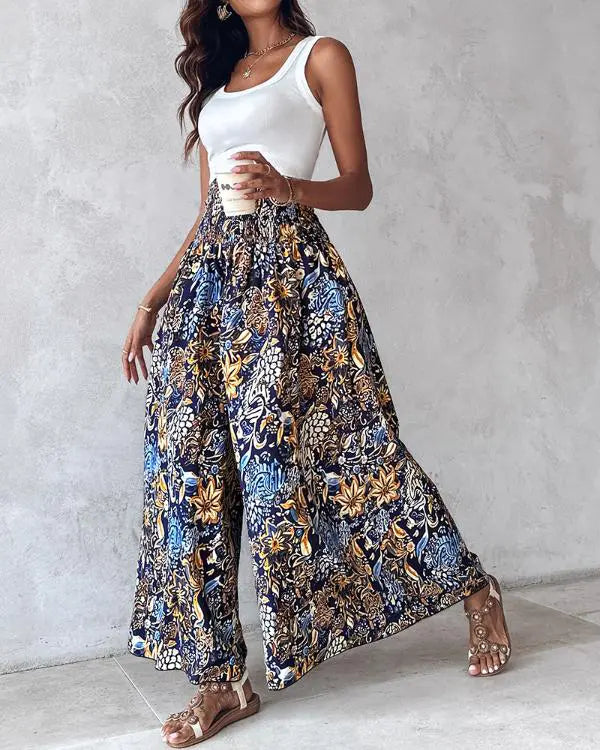 Boho Floral Print Shirred High Waist Wide Leg Pants