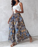 Boho Floral Print Shirred High Waist Wide Leg Pants
