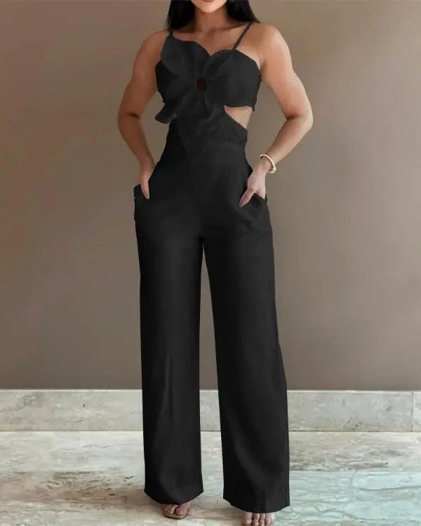 Floral Pattern Pocket Design Hollow Out Jumpsuit