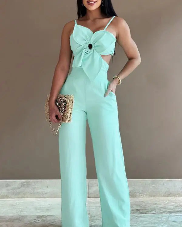 Floral Pattern Pocket Design Hollow Out Jumpsuit
