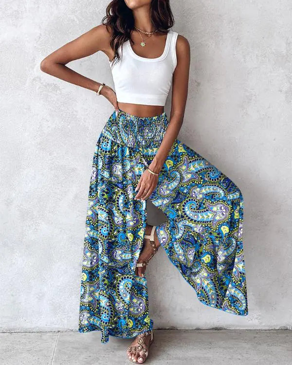 Boho Floral Print Shirred High Waist Wide Leg Pants