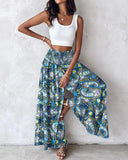 Boho Floral Print Shirred High Waist Wide Leg Pants