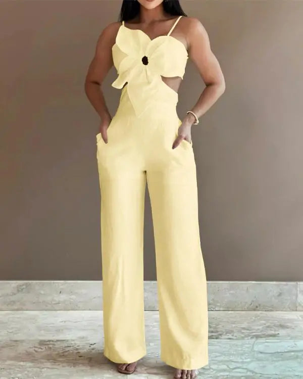 Floral Pattern Pocket Design Hollow Out Jumpsuit