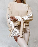 Colorblock Floral Pattern Lace Patch Sweatshirt