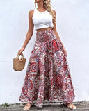 Boho Floral Print Shirred High Waist Wide Leg Pants