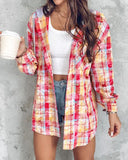 Colorblock Plaid Print Distressed Hooded Coat Shacket