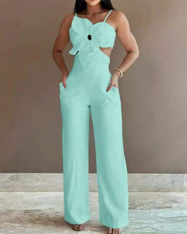 Floral Pattern Pocket Design Hollow Out Jumpsuit