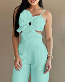 Floral Pattern Pocket Design Hollow Out Jumpsuit