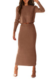 2 Piece Set Rib Knit Long Sleeve Crop Top Maxi Bodycon Skirt Casual Outfits