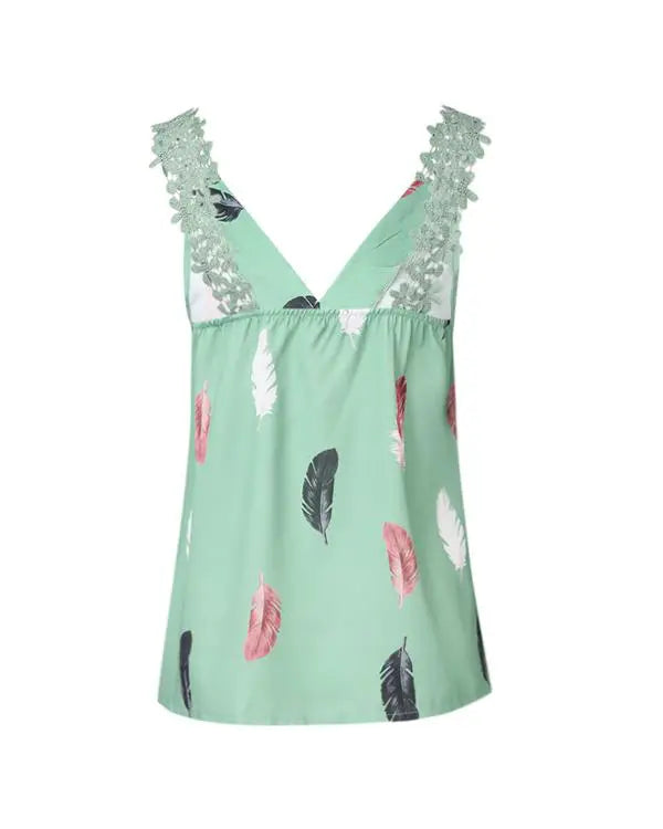 Feather Print Guipure Lace Tank Top