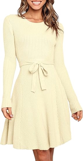 drop waist sweater dress Women's Long Sleeve Midi Dress Crewneck Tie Waist A-Line Swing Casual –  Divahotcouture