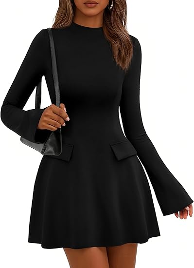 Women's Fall Mini Dress Long Bell Sleeve Mock Neck Bodycon Elegant Wor – Divahotcouture