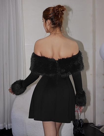 Women's Off Shoulder Long Sleeve Fur Trim A-Line Party Club Mini Dress – Divahotcouture
