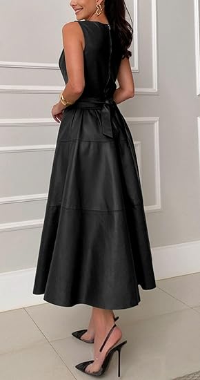 Women PU Faux Leather Sleeveless Elegant Flowy Long Dress Party Night – Divahotcouture