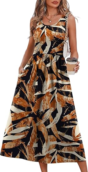 Summer Dresses for Women Flowy Casual Midi Dress Beach Vacation Sundresses with Pockets