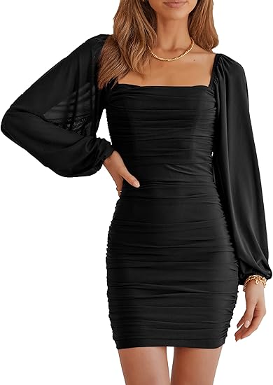 Women Elegant Square Neck Lantern Long Sleeve Mini Ruched Bodycon Dress Stretch Mesh Slim Party Cocktail Dresses