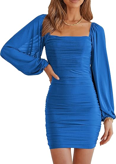 Women Elegant Square Neck Lantern Long Sleeve Mini Ruched Bodycon Dress Stretch Mesh Slim Party Cocktail Dresses