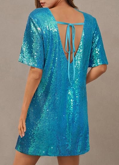 Women's Crew Neck Sequin Dress for Women Sexy V Neck Shirt Dresses Sparkly Shift Mini Dress