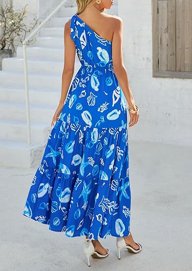 Women's Summer Floral One Shoulder Maxi Dress Knot Ruffle Boho Beach V – Divahotcouture