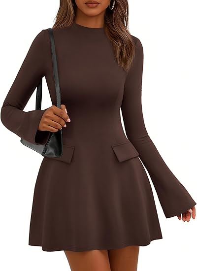 Women's Fall Mini Dress Long Bell Sleeve Mock Neck Bodycon Elegant Wor – Divahotcouture