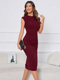 Women's Mock Neck Side Slit Ruched Bodycon Cocktail Party Wedding Guest Midi Dress