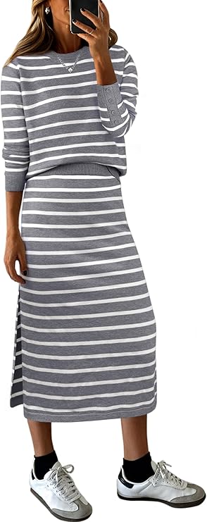 2 Piece Skirts Sets For Women Fall Fashion 2025 Striped Sweater Midi Dress Knit Lounge Travel Outfits Winter Clothes