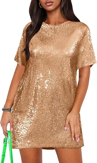 Women's Crew Neck Sequin Dress for Women Sexy V Neck Shirt Dresses Sparkly Shift Mini Dress