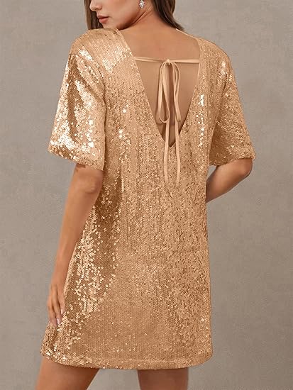 Women's Crew Neck Sequin Dress for Women Sexy V Neck Shirt Dresses Sparkly Shift Mini Dress