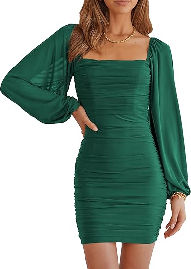 Women Elegant Square Neck Lantern Long Sleeve Mini Ruched Bodycon Dress Stretch Mesh Slim Party Cocktail Dresses