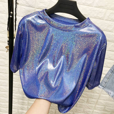 New summer retro style stylish bright silk woman tops shiny loose short sleeve t-shirt sexy club aesthetic