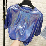 New summer retro style stylish bright silk woman tops shiny loose short sleeve t-shirt sexy club aesthetic