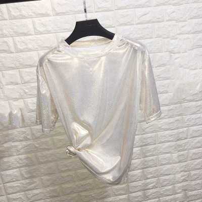 New summer retro style stylish bright silk woman tops shiny loose short sleeve t-shirt sexy club aesthetic