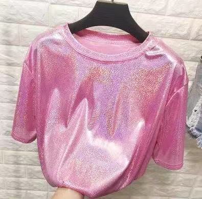 New summer retro style stylish bright silk woman tops shiny loose short sleeve t-shirt sexy club aesthetic