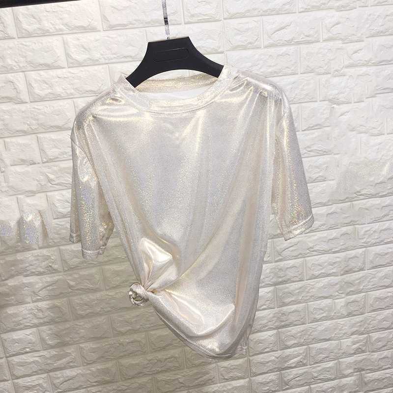 New summer retro style stylish bright silk woman tops shiny loose short sleeve t-shirt sexy club aesthetic