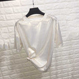 New summer retro style stylish bright silk woman tops shiny loose short sleeve t-shirt sexy club aesthetic