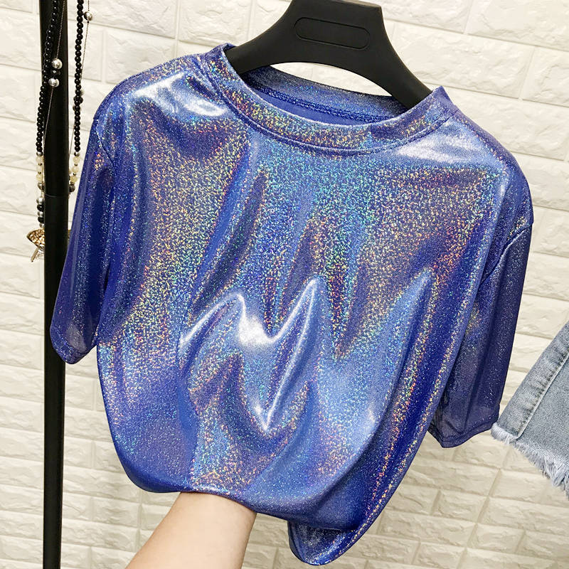 New summer retro style stylish bright silk woman tops shiny loose short sleeve t-shirt sexy club aesthetic