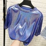 New summer retro style stylish bright silk woman tops shiny loose short sleeve t-shirt sexy club aesthetic