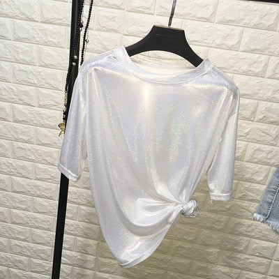 New summer retro style stylish bright silk woman tops shiny loose short sleeve t-shirt sexy club aesthetic