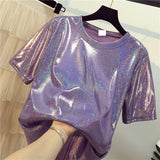 New summer retro style stylish bright silk woman tops shiny loose short sleeve t-shirt sexy club aesthetic
