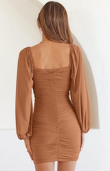 Women Elegant Square Neck Lantern Long Sleeve Mini Ruched Bodycon Dress Stretch Mesh Slim Party Cocktail Dresses