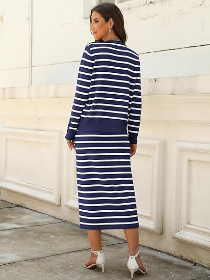 2 Piece Skirts Sets For Women Fall Fashion 2025 Striped Sweater Midi Dress Knit Lounge Travel Outfits Winter Clothes