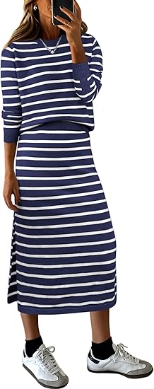 2 Piece Skirts Sets For Women Fall Fashion 2025 Striped Sweater Midi Dress Knit Lounge Travel Outfits Winter Clothes