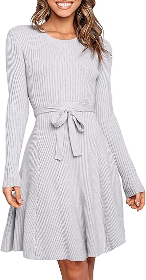 Women's Long Sleeve Midi Dress Crewneck Tie Waist A-Line Swing Casual –  Divahotcouture